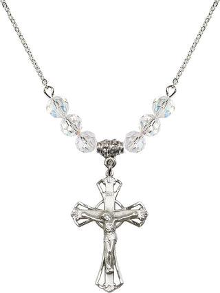 18" Rhodium Plated Necklace with 4mm Crystal Beads featuring a Sterling Silver Crucifix Medal.