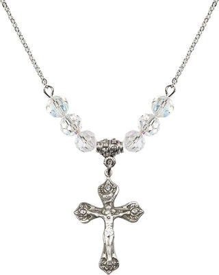 18" Rhodium Plated Necklace with 4mm Crystal Beads featuring a Sterling Silver Crucifix Medal.