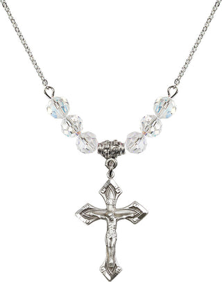 18" Rhodium Plated Necklace with 4mm Crystal Beads featuring a Sterling Silver Crucifix Medal.