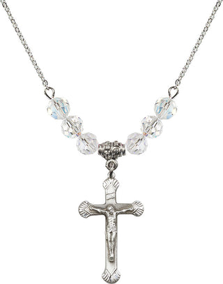 18" Rhodium Plated Necklace with 4mm Crystal Beads featuring a Sterling Silver Crucifix Medal.