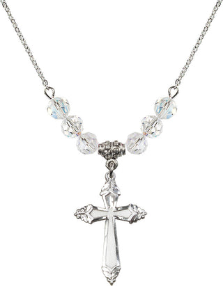 18" Rhodium Plated Necklace with 4mm Crystal Beads featuring a Sterling Silver Cross Medal.