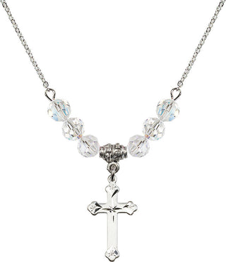 18" Rhodium Plated Necklace with 4mm Crystal Beads featuring a Sterling Silver Cross Medal.