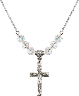 18" Rhodium Plated Necklace with 4mm Crystal Beads featuring a Sterling Silver Crucifix Medal.