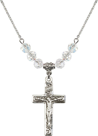 18" Rhodium Plated Necklace with 4mm Crystal Beads featuring a Sterling Silver Crucifix Medal.