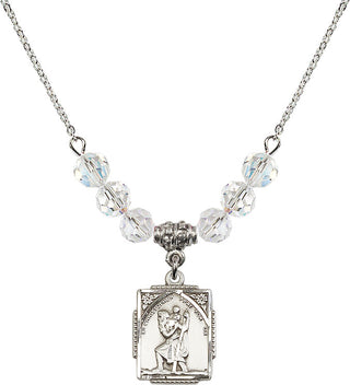 18" Rhodium Plated Necklace with 4mm Crystal Beads featuring a Sterling Silver Saint Christopher Medal. Engraved Catholic Saint Jewelry