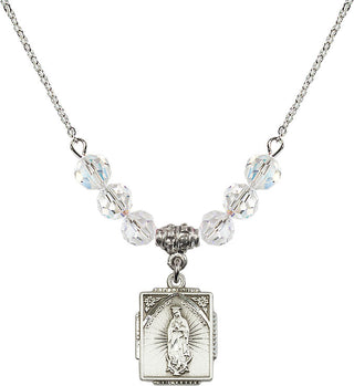 18" Rhodium Plated Necklace with 4mm Crystal Beads featuring a Sterling Silver Our Lady of Guadalupe Medal. Engraved Catholic Saint Jewelry