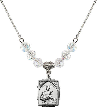 18" Rhodium Plated Necklace with 4mm Crystal Beads featuring a Sterling Silver Saint Gerard Medal. Engraved Catholic Saint Jewelry