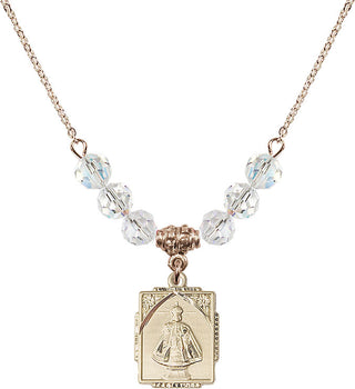 18" Hamilton Gold Plated Necklace with 4mm Crystal Beads featuring a 14kt Gold Filled Infant of Prague Medal. Engraved Catholic Saint Jewelry