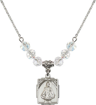 18" Rhodium Plated Necklace with 4mm Crystal Beads featuring a Sterling Silver Infant of Prague Medal. Engraved Catholic Saint Jewelry