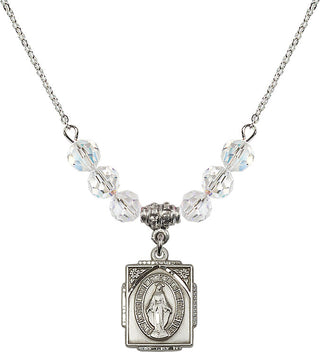 18" Rhodium Plated Necklace with 4mm Crystal Beads featuring a Sterling Silver Miraculous Medal. Engraved Catholic Saint Jewelry
