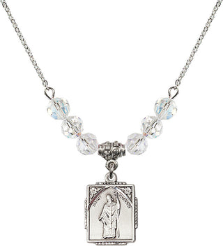 18" Rhodium Plated Necklace with 4mm Crystal Beads featuring a Sterling Silver Saint Patrick Medal. Engraved Catholic Saint Jewelry