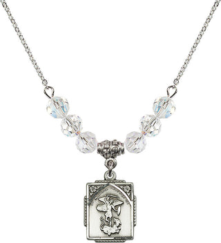 18" Rhodium Plated Necklace with 4mm Crystal Beads featuring a Sterling Silver Saint Michael the Archangel Medal. Engraved Catholic Saint Jewelry