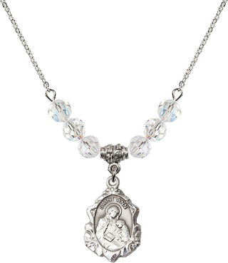 18" Rhodium Plated Necklace with 4mm Crystal Beads featuring a Sterling Silver Saint Ann Medal. Engraved Catholic Saint Jewelry