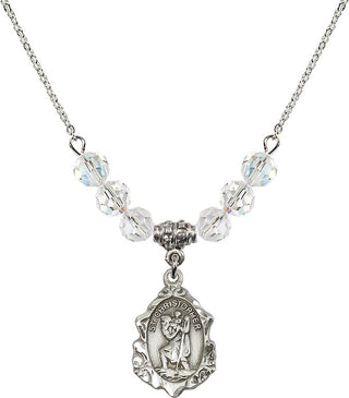 18" Rhodium Plated Necklace with 4mm Crystal Beads featuring a Sterling Silver Saint Christopher Medal. Engraved Catholic Saint Jewelry