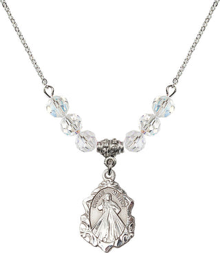 18" Rhodium Plated Necklace with 4mm Crystal Beads featuring a Sterling Silver Divine Mercy Medal. Engraved Catholic Saint Jewelry