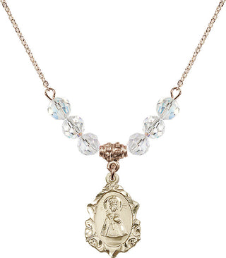 18" Hamilton Gold Plated Necklace with 4mm Crystal Beads featuring a 14kt Gold Filled Infant of Prague Medal. Engraved Catholic Saint Jewelry