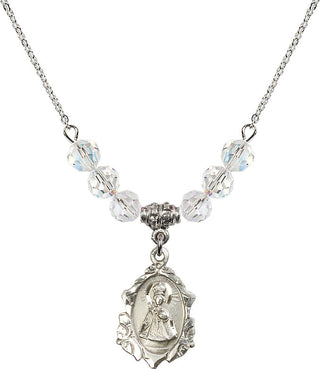 18" Rhodium Plated Necklace with 4mm Crystal Beads featuring a Sterling Silver Infant of Prague Medal. Engraved Catholic Saint Jewelry