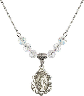 18" Rhodium Plated Necklace with 4mm Crystal Beads featuring a Sterling Silver Miraculous Medal. Engraved Catholic Saint Jewelry