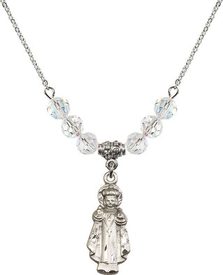 18" Rhodium Plated Necklace with 4mm Crystal Beads featuring a Sterling Silver Infant of Prague Medal.
