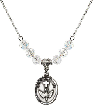 18" Rhodium Plated Necklace with 4mm Crystal Beads featuring a Sterling Silver Confirmation Medal.