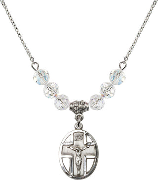 18" Rhodium Plated Necklace with 4mm Crystal Beads featuring a Sterling Silver Crucifix Medal.