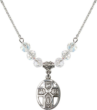 18" Rhodium Plated Necklace with 4mm Crystal Beads featuring a Sterling Silver 5-Way / Holy Spirit Medal.