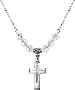 18" Rhodium Plated Necklace with 4mm Crystal Beads featuring a Sterling Silver Cross Medal.