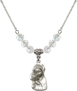 18" Rhodium Plated Necklace with 4mm Crystal Beads featuring a Sterling Silver Madonna & Child Medal.