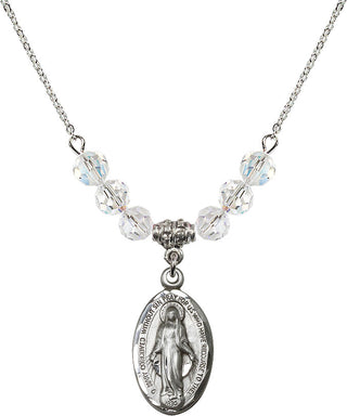 18" Rhodium Plated Necklace with 4mm Crystal Beads featuring a Sterling Silver Miraculous Medal.