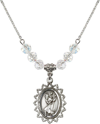 18" Rhodium Plated Necklace with 4mm Crystal Beads featuring a Sterling Silver Saint Christopher Medal.