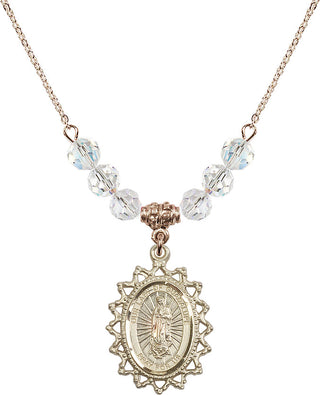 18" Hamilton Gold Plated Necklace with 4mm Crystal Beads featuring a 14kt Gold Filled Our Lady of Guadalupe Medal.