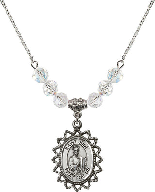 18" Rhodium Plated Necklace with 4mm Crystal Beads featuring a Sterling Silver Saint Jude Medal.