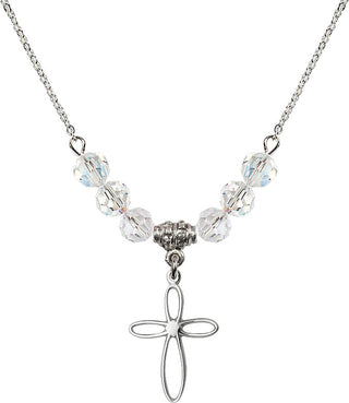18" Rhodium Plated Necklace with 4mm Crystal Beads featuring a Sterling Silver Loop Cross Medal.