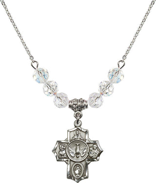 18" Rhodium Plated Necklace with 4mm Crystal Beads featuring a Sterling Silver 5-Way Medal.