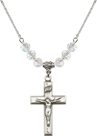 18" Rhodium Plated Necklace with 4mm Crystal Beads featuring a Sterling Silver Crucifix Medal.