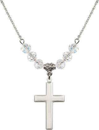 18" Rhodium Plated Necklace with 4mm Crystal Beads featuring a Sterling Silver Cross Medal.