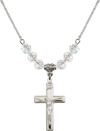 18" Rhodium Plated Necklace with 4mm Crystal Beads featuring a Sterling Silver Crucifix Medal.