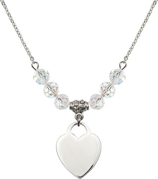 18" Rhodium Plated Necklace with 4mm Crystal Beads featuring a Sterling Silver Heart Medal. Engraved Catholic Saint Jewelry
