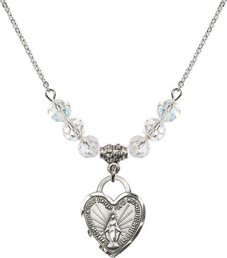 18" Rhodium Plated Necklace with 4mm Crystal Beads featuring a Sterling Silver Miraculous Heart Medal. Engraved Catholic Saint Jewelry