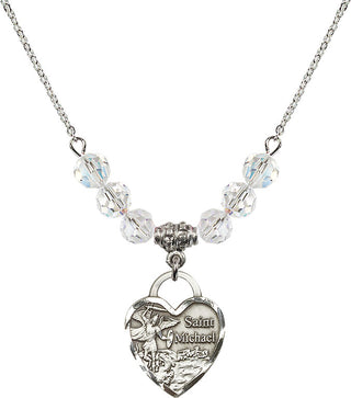 18" Rhodium Plated Necklace with 4mm Crystal Beads featuring a Sterling Silver Saint Michael the Archangel Medal. Engraved Catholic Saint Jewelry