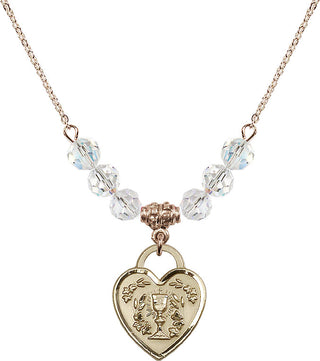 18" Hamilton Gold Plated Necklace with 4mm Crystal Beads featuring a 14kt Gold Filled Communion Heart Medal. Engraved Catholic Saint Jewelry