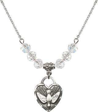 18" Rhodium Plated Necklace with 4mm Crystal Beads featuring a Sterling Silver Confirmation Heart Medal. Engraved Catholic Saint Jewelry