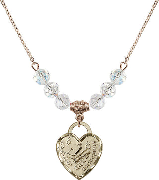 18" Hamilton Gold Plated Necklace with 4mm Crystal Beads featuring a 14kt Gold Filled Graduation Heart Medal. Engraved Catholic Saint Jewelry
