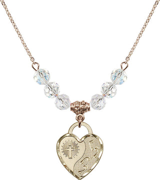 18" Hamilton Gold Plated Necklace with 4mm Crystal Beads featuring a 14kt Gold Filled Footprints Heart Medal. Engraved Catholic Saint Jewelry