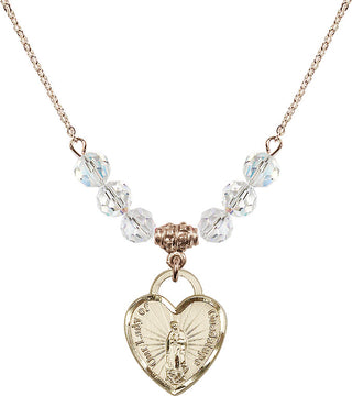 18" Hamilton Gold Plated Necklace with 4mm Crystal Beads featuring a 14kt Gold Filled Our Lady Guadalupe Heart / Recuerdo Medal.