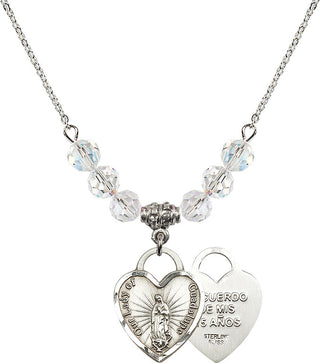 18" Rhodium Plated Necklace with 4mm Crystal Beads featuring a Sterling Silver Our Lady Guadalupe Heart / Recuerdo Medal.