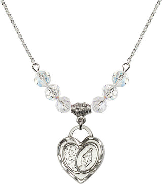 18" Rhodium Plated Necklace with 4mm Crystal Beads featuring a Sterling Silver Miraculous Heart Medal.