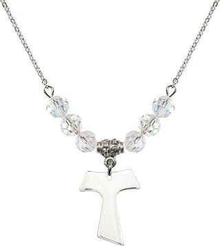 18" Rhodium Plated Necklace with 4mm Crystal Beads featuring a Sterling Silver Tau Cross Medal.