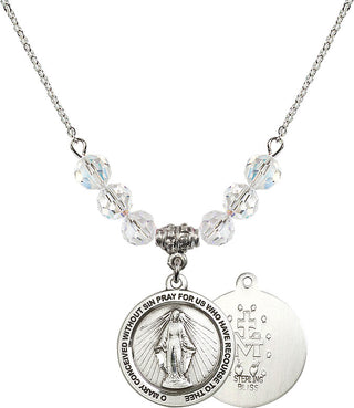 18" Rhodium Plated Necklace with 4mm Crystal Beads featuring a Sterling Silver Miraculous Medal.