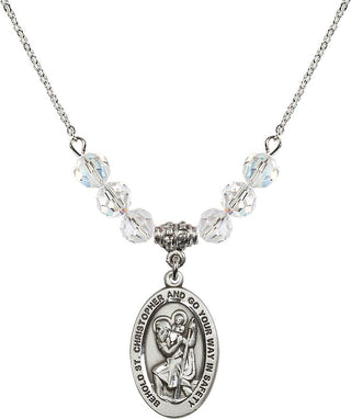 18" Rhodium Plated Necklace with 4mm Crystal Beads featuring a Sterling Silver Saint Christopher Medal. Engraved Catholic Saint Jewelry
